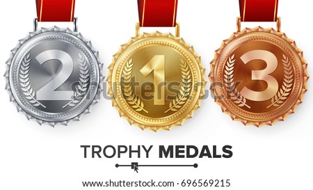 Winner Gold, Silver, Bronze Medals Set Vector. Metal Realistic Badge With First, Second, Third Placement Achievement. Round Label With Red Ribbon. Competition Golden, Silver, Bronze Trophy