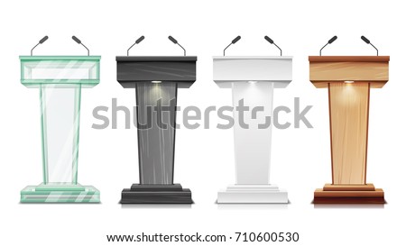 Podium Tribune Set Vector. Debate Podium Rostrum Stand With Microphones. Business Presentation Or Conference, Speech Isolated Illustration
