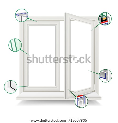 Classic Plastic Window Vector. Plastic White Window Frame Profile. Opened Realistic Window. Isolated Illustration
