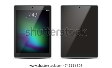 Tablet Mockup Design Vector. Black Modern Trendy ouch Screen Tablet Front View. Isolated On White Background. Realistic 3D Illustration