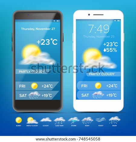 Weather Forecast App Vector. Realistic Smartphone. App With Icons. Weather Icons Set. Blue Background. Mobile Application Screen. Design Element Illustration