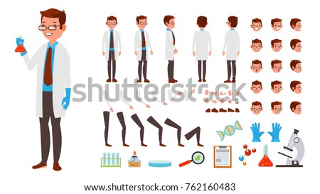 Scientist Lab Character Man Vector. Animated Creation Set. Scientist Chemist Man In White Coat. Full Length, Front, Side, Back View, Lab Accessories, Face Emotions. Isolated Flat Cartoon Illustration