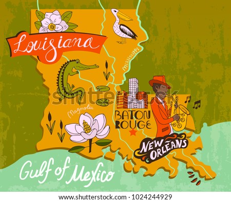 Illustrated map of Louisiana, USA. Travel and attractions