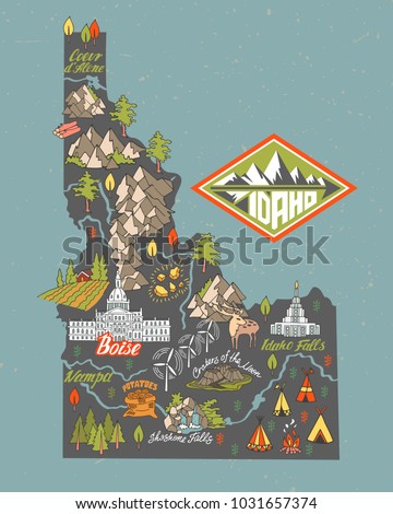 Idaho State Tourist Map, USA. Travel and attractions
