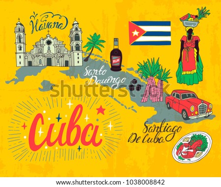 Illustrated tourist map of Cuba. National color, travel and attractions