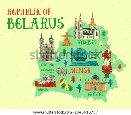 Illustrated map of Belarus with elements of culture and nature. Travel and attractions