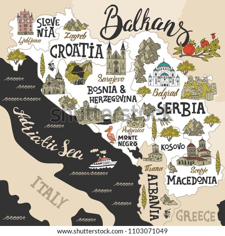 Illustrated map of Balkans. Travel and attractions