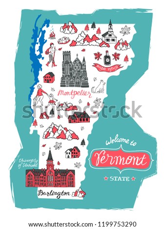 Illustrated map of  Vermont , USA. Travel and attractions. Cartoon map.