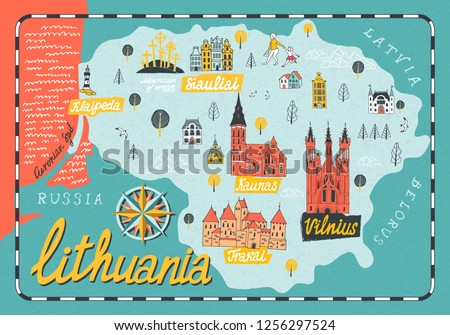 Illustrated map of  Lithuania. Travel and attractions. Cartoon map