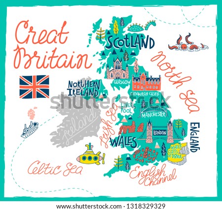 Tourist illustrated map of the Great Britain. Travel and attractions of the United Kingdom