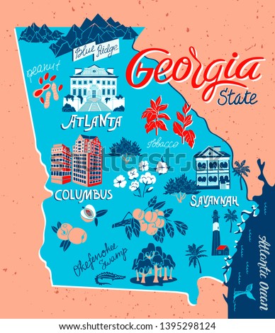 Illustrated map of Georgia, USA. Travel and attractions