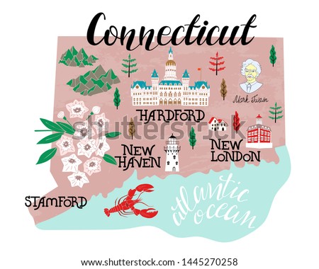 Illustrated map of  Connecticut, USA. Travel and attractions