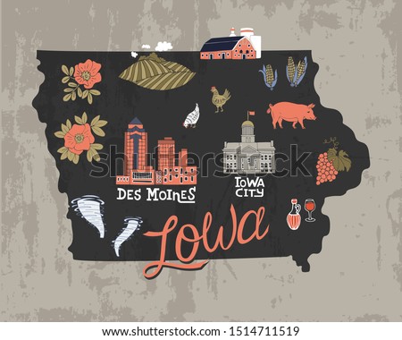 Illustrated map of  Iowa state, USA. Travel and attractions