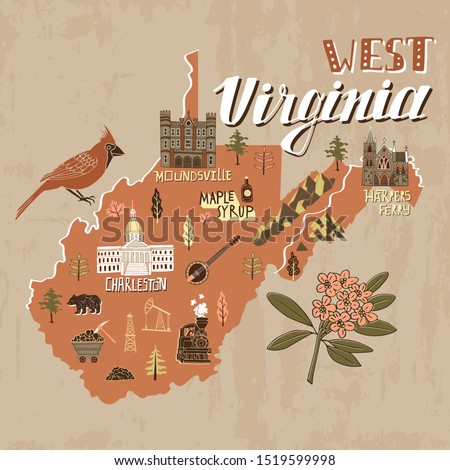 Illustrated map of West Virginia state, USA. Travel and attractions