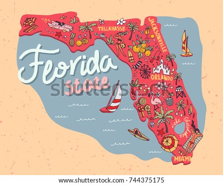 Illustrated map of the state of Florida, USA. Travel and attractions