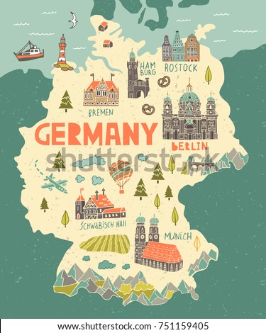 Illustrated map of Germany. Travel and attractions