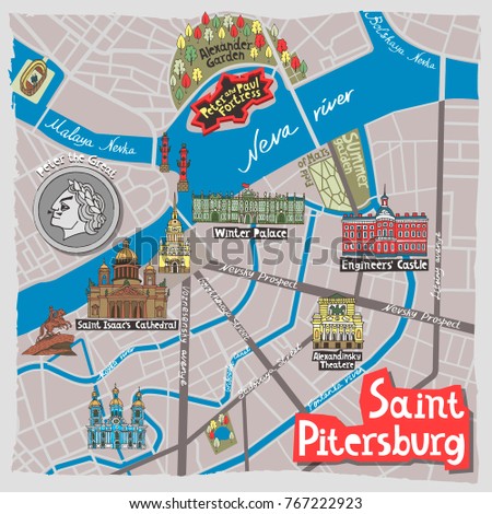 Illustrated map of Saint-Petersburg. Travel and attractions