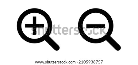 A set of zooming magnifying glass and zooming out magnifying glass icons. Vector.