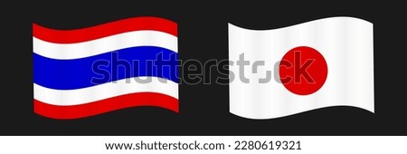 Fluttering Thai and Japanese flags icon set. Friendship between Japan and Thailand. Vector.