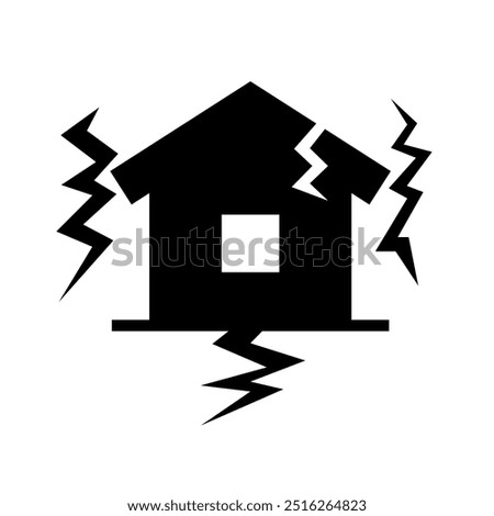 Intense earthquake and cracked house silhouette icon. Vector.