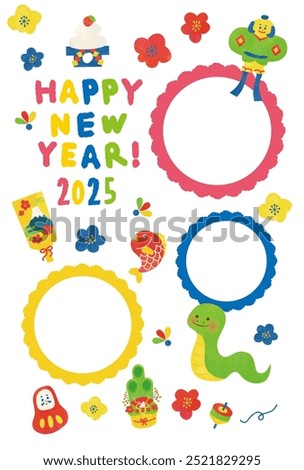 New Year's card design with photos of snakes and New Year's items for the year 2025