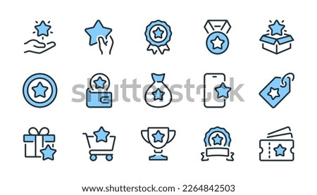 Bonus, reward, loyalty, benefit and prize related pixel perfect blue outline icons set vector illustration.