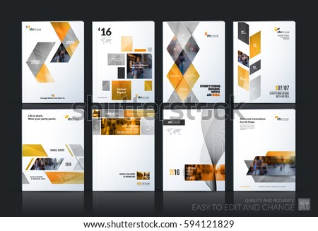Business vector set. Brochure template layout, cover design annual report, flyer in A4 with yellow geometric shapes for PR, business, tech on bright background. Abstract creative design.