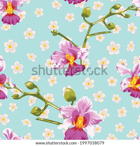 Vector orchid and vanda miss joaquim floral seamless pattern design with green leaf background. Designed by Daania at deeyana83*yahoo.com.