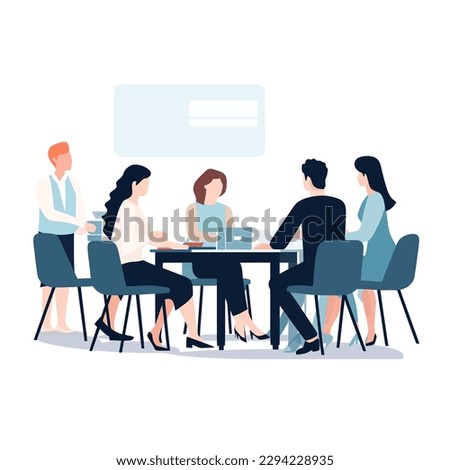 A group of business professionals sitting around a table, engaged in a discussion. The illustration features a range of diverse characters, each with their own unique style and expression. 