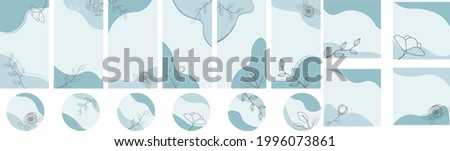Vector set of abstract botanical backgrounds - banners with flowers, shapes and leaves. Blue colors. Line art design. Suitable for wallpapers, posters, social media stories, highligts and posts templa