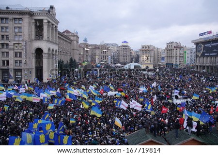 KIEV, UKRAINE-DEC. 1, 2013: Ukraine, Kiev, Independence Square.  Protest against night crackdown of the students action against  the not signing the association with the EU.