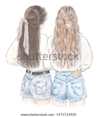 Two girls, best friends in sweatshirts and jeans shorts. Hand drawn illustration