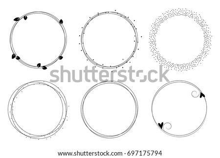Set of vector graphic circle frames. Wreaths for design, logo template. Branches, dots, hearts