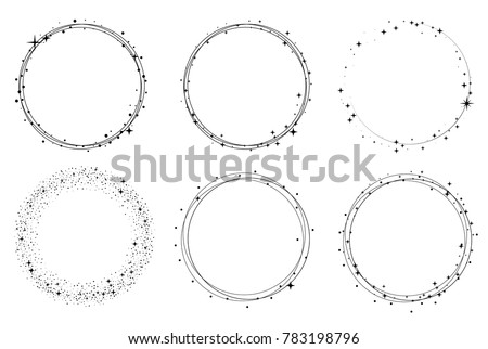 Set of vector graphic circle frames. Wreaths for design, logo template. Stardust, stars, starry sky.