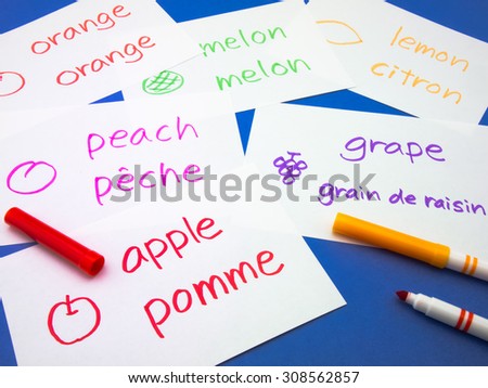 Making language flash cards for fundamental words; apple, lemon, peach, melon, grape and orange.