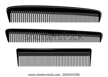 Set of different combs, barber comb, salon, comb hair, black comb, isolated on white. Icon. Female things. Accessory, care for themselves. Vector illustration of plastic hair comb. EPS 10 Illustrator.