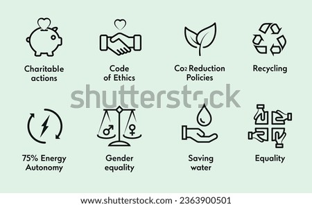 Vector editable stroke designed set of icons that depict common corporate ESG practices and ethical values