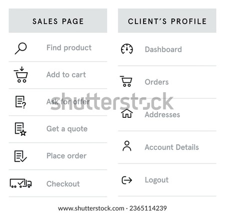 Vector editable stroke designed user interface icon elements for sales page and clients profile dashboard