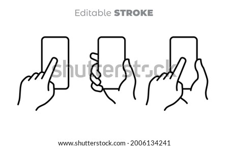 Hands holding mobile phone set. Finger touching blank screen. Vector smart phone, electronic device line art icon. Editable line drawing. Black and white illustration, sign, symbol.