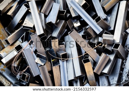 Metal scrap from the manufacturing process. Pile of steel waste prepared for recycling. Foto d'archivio © 
