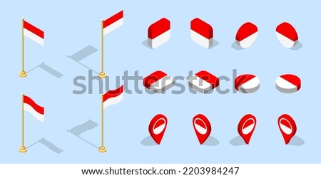 Indonesian flag (Republic of Indonesia). 3D isometric flag set icon. Editable vector for banner, poster, presentation, infographic, website, apps, maps, and other uses.