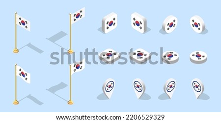 South Korean flag (Republic of Korea). 3D isometric flag set icon. Editable vector for banner, poster, presentation, infographic, website, apps, maps, and other uses.