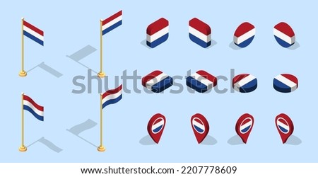 Holland flag (Kingdom of the Netherlands). 3D isometric flag set icon. Editable vector for banner, poster, presentation, infographic, website, apps, maps, and other uses.