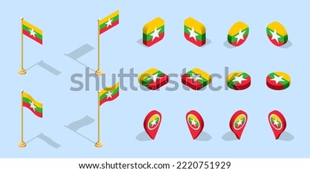 Myanmar flag (Union of Myanmar, Burma). 3D isometric flag set icon. Editable vector for banner, poster, presentation, infographic, website, apps, maps, and other uses.