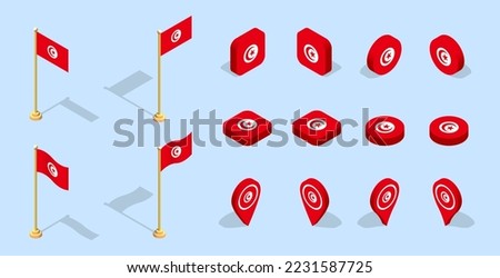 Tunisian flag (Republic of Tunisia). 3D isometric flag set icon. Editable vector for banner, poster, presentation, infographic, website, apps, maps, and other uses.