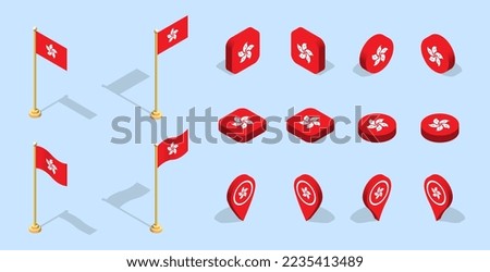 Hong Kong flag. 3D isometric flag set icon. Editable vector for banner, poster, presentation, infographic, website, apps, maps, and other uses.