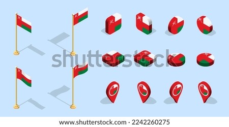 Omani flag (Sultanate of Oman). 3D isometric flag set icon. Editable vector for banner, poster, presentation, infographic, website, apps, maps, and other uses.