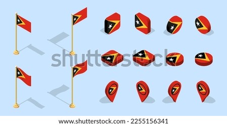 East Timorese flag (East Timor, Democratic Republic of Timor-Leste). 3D isometric flag set icon. Editable vector for banner, poster, presentation, infographic, website, apps, maps, and other uses.