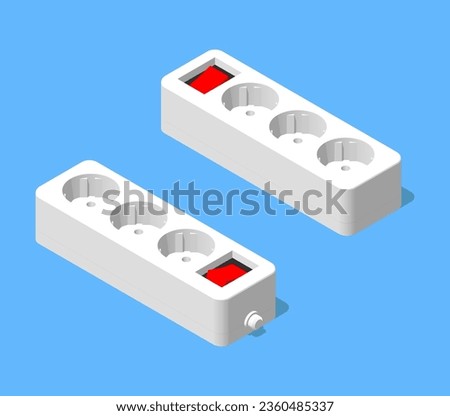 3-outlet switched multi socket. Surge protector power strip.  3D isometric illustration. Electrical accessories. Isolated vector for presentation, infographic, website, apps and other uses.
