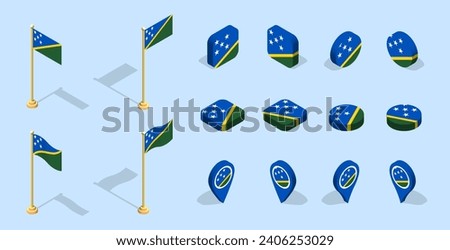 Solomon Islander flag (Solomon Islands). 3D isometric flag set icon. Vector for banner, poster, presentation, infographic, website, apps, maps, and other uses.